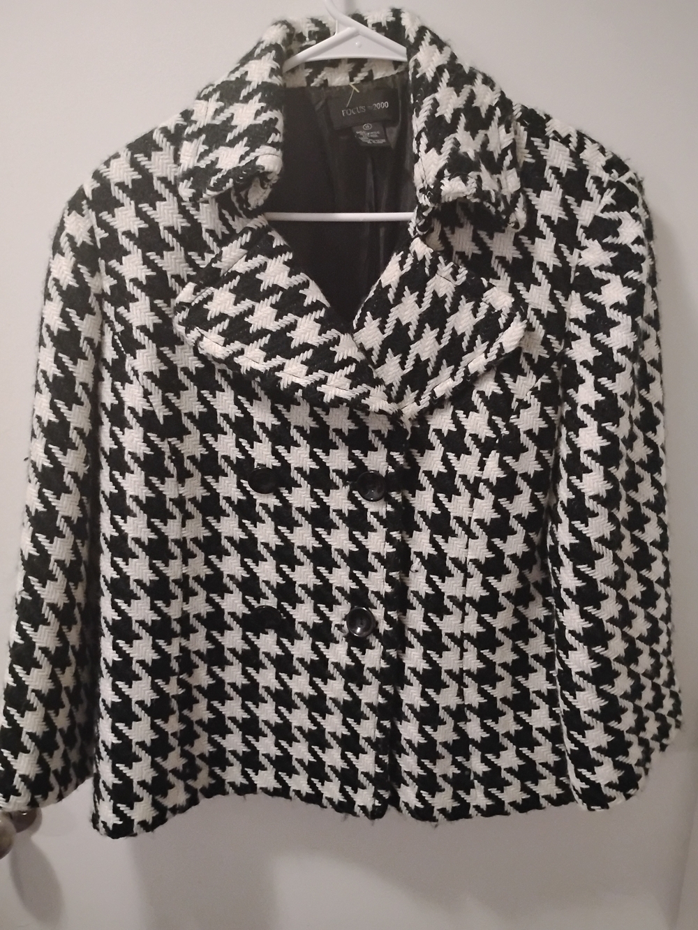 Vintage Focus 2000 Black & White Houndstooth Pea Coat. Retro Mobwife , Size 14